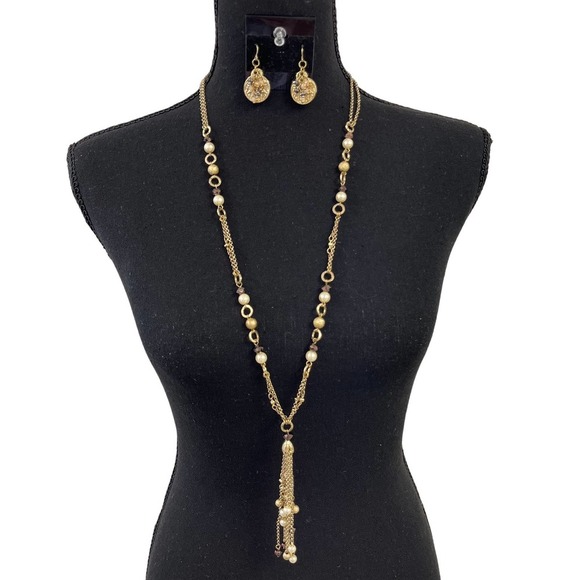 Artique Gold Pearl Necklace Earrings Set - Picture 1 of 4